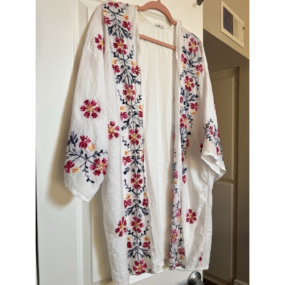 Floral Embroidered Kimono Cardigan White One Size Up To XL
